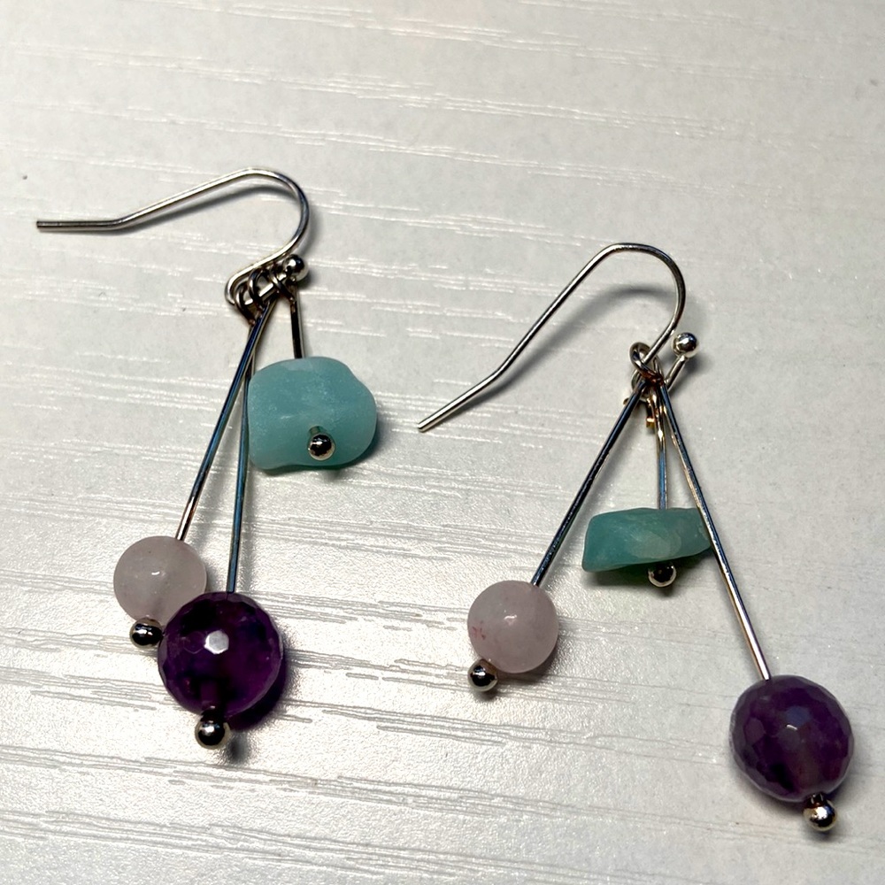 Handmade amethyst, amazonite and rose quartz earrings.